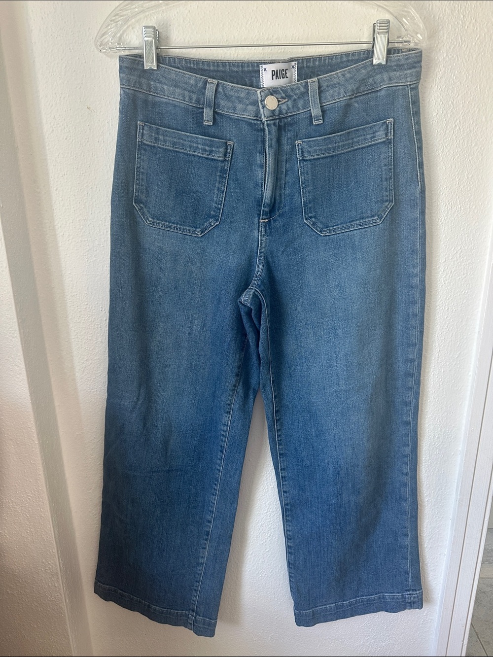 PAIGE Medium Blue Cropped Wide-Leg Jeans